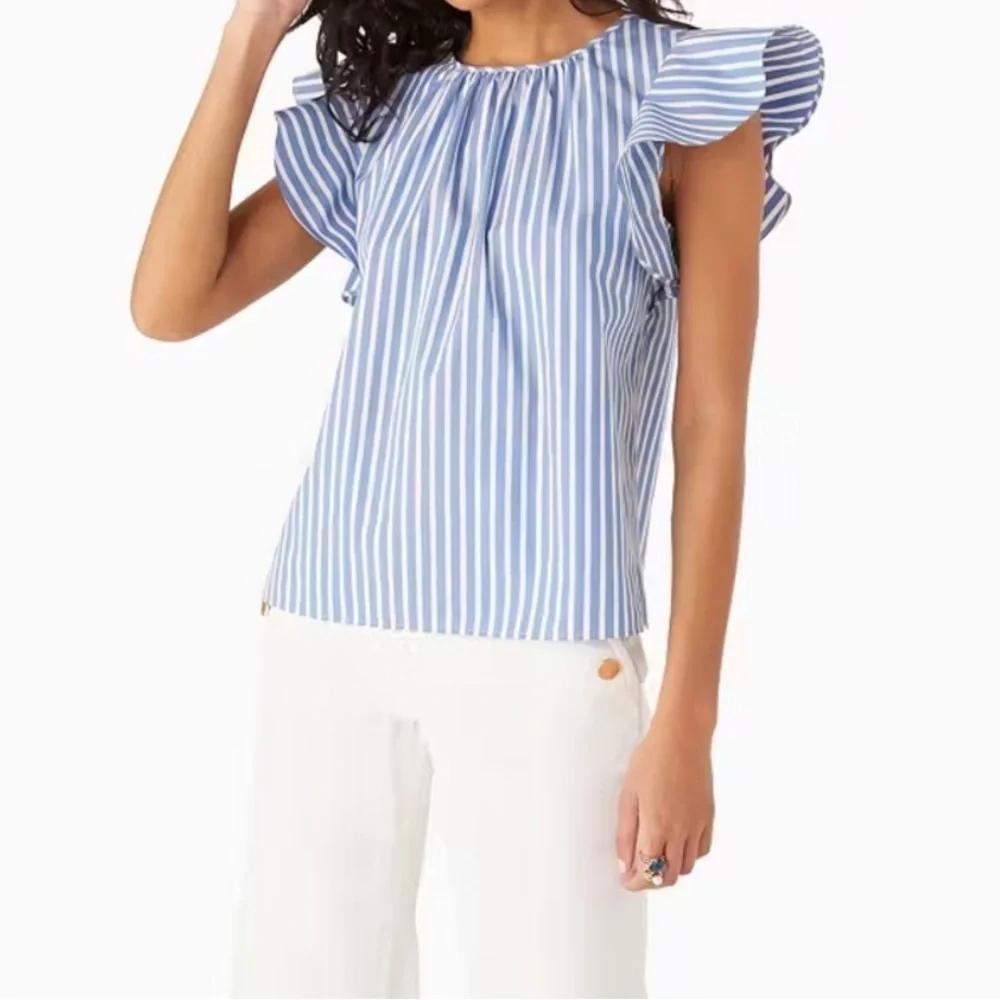 Kate Spade Basket Stripe Flutter-Sleeve Top Light Blue and White Size Small